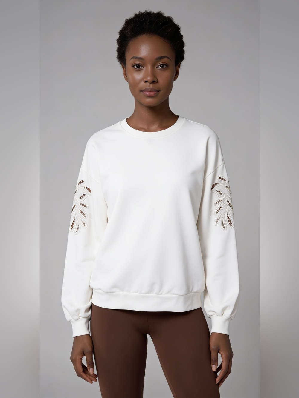 GAP White Crewneck Sweatshirt with Sleeve Cutout Embroidery